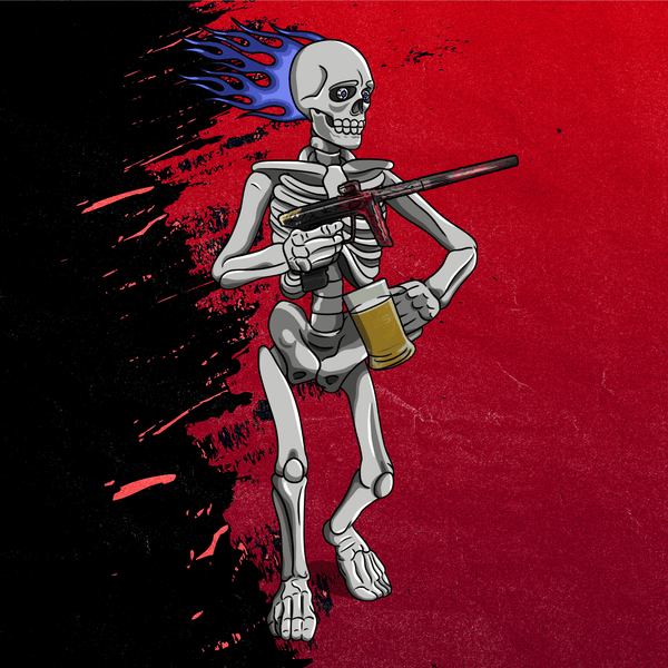 Adrenaline Skully NFT - Grizzly ในชุด Bones ถือแก้ว - Adrenaline