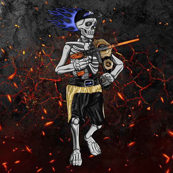 Adrenaline Skully NFT - Hellfire ในชุดแชมป์เปี้ยนพร้อมหมวกและแหวน - Adrenaline
